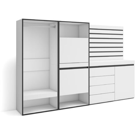 Skraut Home - Schuhregal, Schuhschrank, Schuhaufbewahrung, 227x145x35 cm, Für Schlafzimmer, Zimmer, Offener Kleiderschrank, Kommode mit Schubladen, Lamellenwand Holz, Moderner Stil, Weiß (1/5)