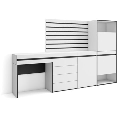 Skraut Home - Schuhregal, Schuhschrank, Schuhaufbewahrung, 237x145x35 cm, Für Schlafzimmer, Zimmer, Kommode mit Schubladen, Lamellenwand Holz, Schminktisch, Moderner Stil, Weiß (1/5)