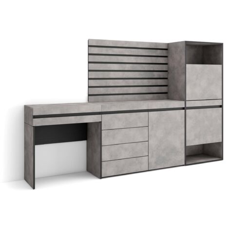 Skraut Home - Schuhregal, Schuhschrank, Schuhaufbewahrung, 237x145x35 cm, Für Schlafzimmer, Zimmer, Kommode mit Schubladen, Lamellenwand Holz, Schminktisch, Moderner Stil, Zementgrau (1/5)