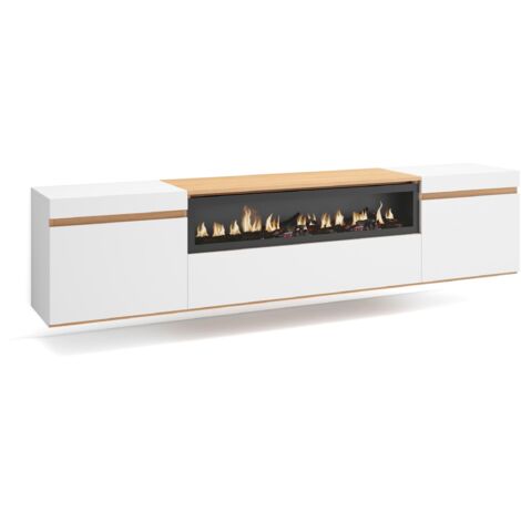 Skraut Home - TV-Schrank, Lowboard, für Wohnzimmer und Esszimmer, 200x35x45cm, Für TV-Geräte bis zu 80", Elektrokamin., Hängend, Moderner Stil, Weiß und Eiche Soft