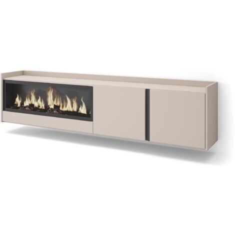 Skraut Home - TV-Schrank, Lowboard, für Wohnzimmer und Esszimmer, 212x35x50cm, Für TV-Geräte bis zu 80", Elektrokamin XXL, Hängend, Moderner Stil, Beige