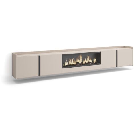 Skraut Home - TV-Schrank, Lowboard, für Wohnzimmer und Esszimmer, 315x35x50cm, Für TV-Geräte bis zu 80", Elektrokamin XXL, Hängend, Moderner Stil, Beige