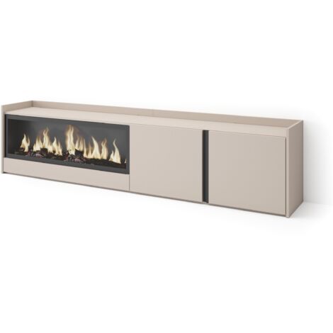 Skraut Home - TV-Schrank, Lowboard, für Wohnzimmer und Esszimmer, 212x35x50cm, Für TV-Geräte bis zu 80", Elektrokamin XXL, Moderner Stil, Beige