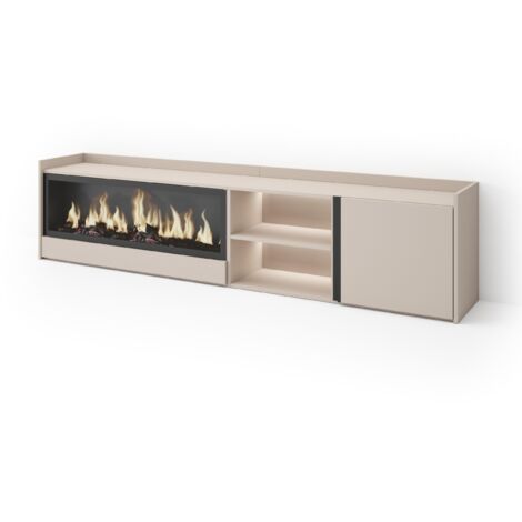 Skraut Home - TV-Schrank, Lowboard, für Wohnzimmer und Esszimmer, 212x35x50cm, Für TV-Geräte bis zu 80", Elektrokamin XXL, LED, Moderner Stil, Beige