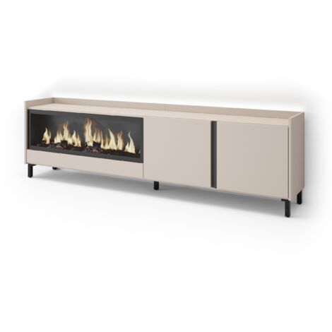Skraut Home - TV-Schrank, Lowboard, für Wohnzimmer und Esszimmer, 212x35x61cm, Für TV-Geräte bis zu 80", Elektrokamin XXL, Industriedesign, LED, Moderner Stil, Beige