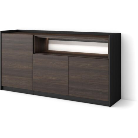 Skraut Home - Sideboard, Highboard, Kommode, Komodenschrank, 156x37x80cm, 3 Türen, LED, Moderner Stil, Dunkler Eiche und Schwarz