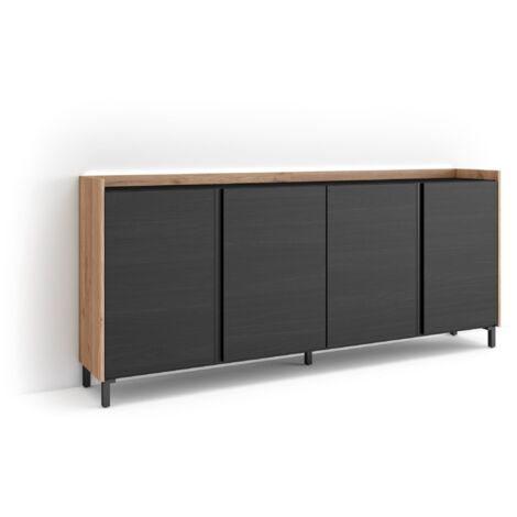 Skraut Home - Sideboard, Highboard, Kommode, Komodenschrank, 207x35x91cm, 4 Türen, Industriedesign, LED, Moderner Stil, Schwarz Eiche