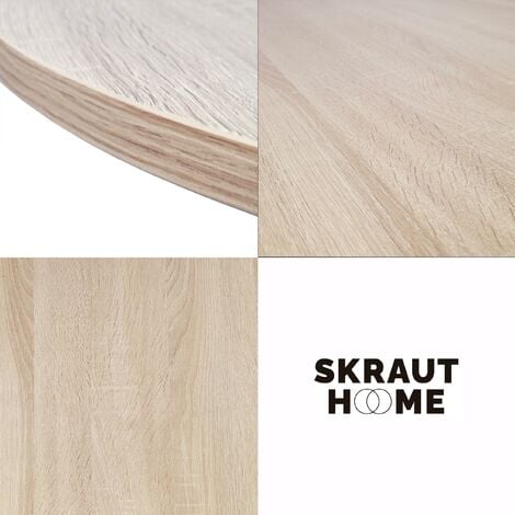 Skraut Home - Runder fester Esstisch, Modell ZEN, Wohnzimmer, 90 x 90 x 77 cm, Kapazität für 4 Personen, Widerstandsfähige Materialien, Farbe Eiche, Matt Schwarze Metallbeine lackiert