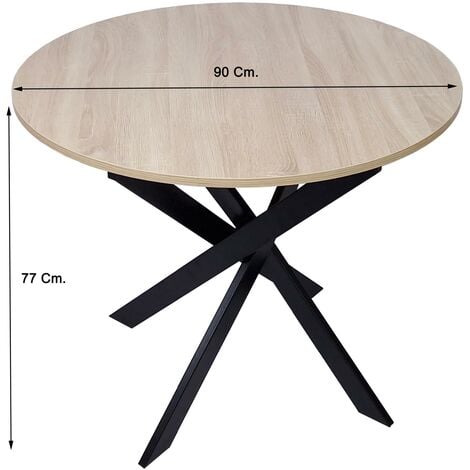 Skraut Home - Runder fester Esstisch, Modell ZEN, Wohnzimmer, 90 x 90 x 77 cm, Kapazität für 4 Personen, Widerstandsfähige Materialien, Farbe Eiche, Matt Schwarze Metallbeine lackiert