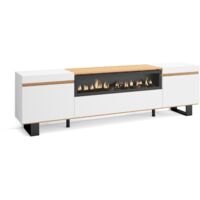 Skraut Home - TV-Schrank, Lowboard, für Wohnzimmer und Esszimmer, 200x35x57cm, Für TV-Geräte bis zu 80", Elektrokamin., Industriedesign, Moderner Stil, Weiß und Eiche Soft