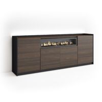 Skraut Home - Sideboard, Highboard, Kommode, Komodenschrank, 207x37x80cm, 4 Türen, Elektrokamin., LED, Moderner Stil, Dunkler Eiche und Schwarz