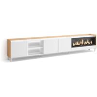 Skraut Home - TV-Schrank, Lowboard, für Wohnzimmer und Esszimmer, 315x35x61cm, Für TV-Geräte bis zu 80", Elektrokamin XXL, Industriedesign, LED, Moderner Stil, Weiß und Eiche Soft
