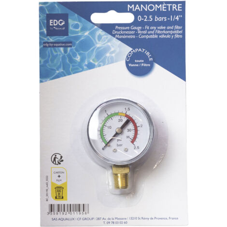 EDG – Manomètre filtre piscine 0 à 2.5 bars – Indicateur de pression avec zones de référence – Compatible filtres à sable et cartouches