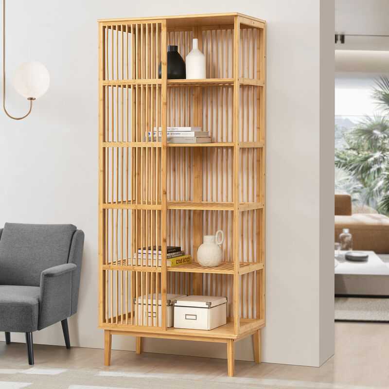 Libreria A Colonna Con Ante E Scomparti, Scaffale Salvaspazio In Legno Multistrato, Rovere Sonoma, 82,5x30,5x150 Cm - 2