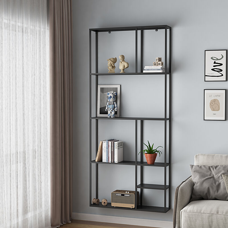 Scaffale da parete con scomparti aperti Scaffale Pensile in acciaio Mensola da Muro Libreria da parete 180x80x18 cm - Nero opaco [en.casa]