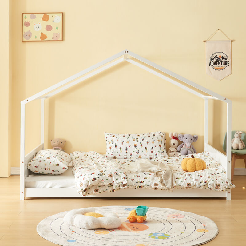 Letto per bambini 90x200 cm, letto piano, a forma di casa, legno