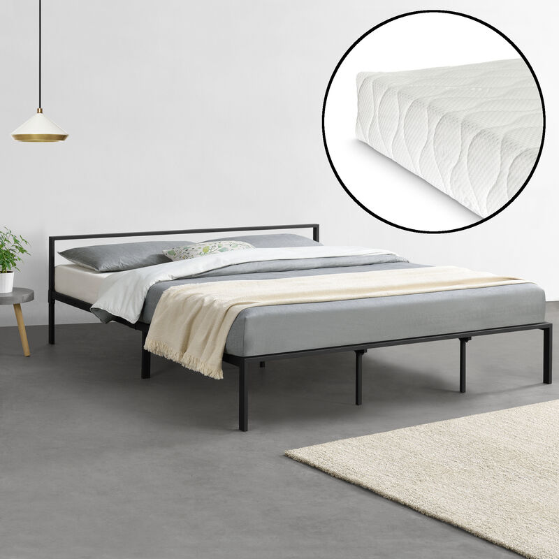 Struttura Letto in Metallo con Testiera Bassa con Materasso a Schiuma  Fredda 180 x 200 cm Letto Matrimoniale King Size - Nero