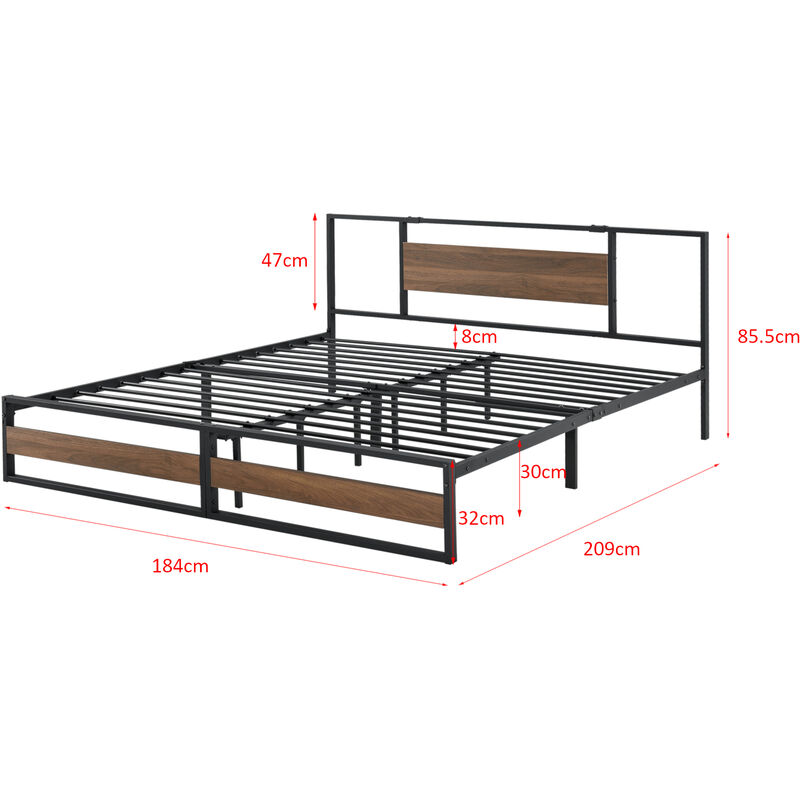 Letto in Acciaio con Materasso a Schiuma Fredda 200 x 180 cm Letto  Matrimoniale King Size in Stile Moderno con Elementi Decorativi in Effetto  Legno di Color Noce - Struttura Nera