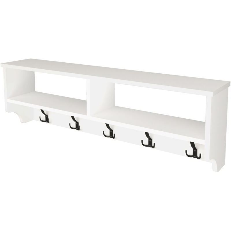 Ganci Da Parete Con Mensola 2 In 1 – Ripiano In Legno Bianco 61 Cm Con 5 Ganci, Appendiabiti Salvaspazio Per Ingresso, Camera, Cucina, Cappelli E Chiavi