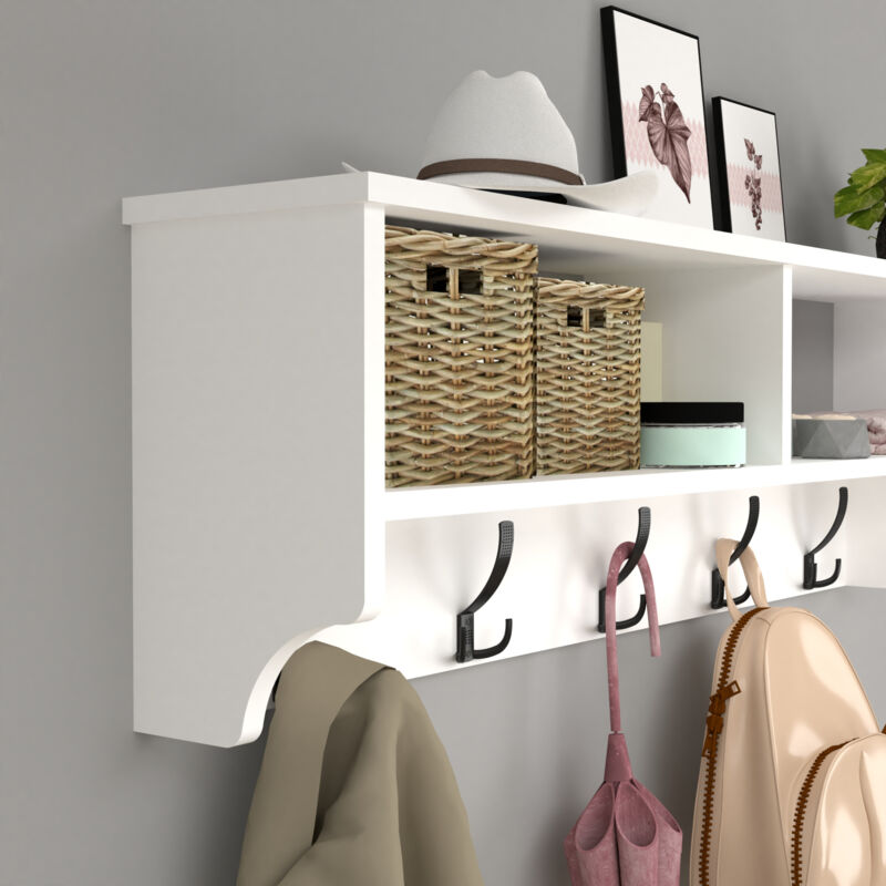 Ganci Da Parete Con Mensola 2 In 1 – Ripiano In Legno Bianco 61 Cm Con 5 Ganci, Appendiabiti Salvaspazio Per Ingresso, Camera, Cucina, Cappelli E Chiavi