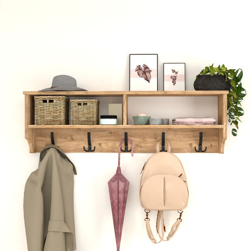 Appendiabiti Da Parete Con Mensola E 6 Ganci Doppi – Ingresso O Corridoio, Bianco E Nero, 32x60x14 Cm