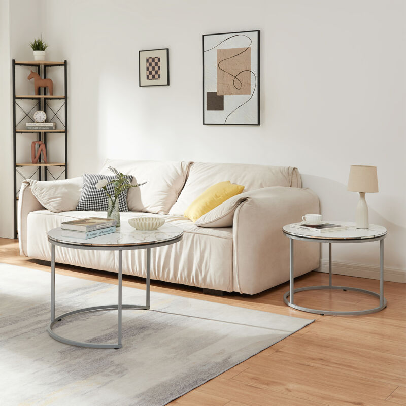 Set 2 Tavolini Da Caffè Sovrapponibili - Piano Rotondo Effetto Marmo, Base Oro, Misure Diverse - Foto 9