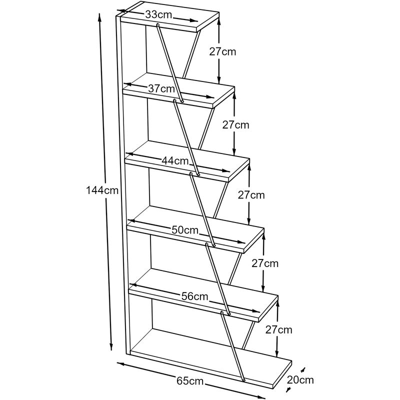 Libreria a Scala 'Vaksdal' Scaffale da Terra con 6 Ripiani 144 x 65 x 20 cm  Mobile Espositore - Effetto Noce / Cromato [en.casa]