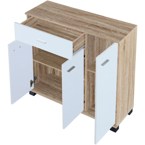 Comò Stretto Bobeck con Ante e Cassetto - Effetto Rovere / Bianco [en.casa]