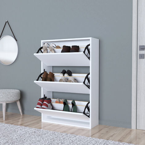 Scarpiera Salvaspazio Slim con 3 Contenitori Ribaltabili Portascarpe Stretto da Ingresso Capienza 18 Paia 110 x 73,5 x 24 cm - Bianco [en.casa]