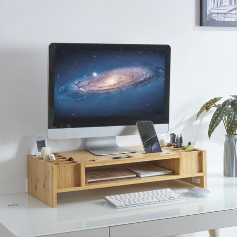 Supporto Per Monitor A 2 Piani In Legno – 50x20x11,7 Cm, Portata 30 Kg, Viola Chiaro, Con 2 Cassetti Aperti - 3