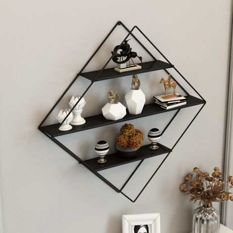Scaffale Pensile a Forma di Rombo Consolle Romboidale a Muro con 3 Ripiani Mensola da Parete in Metallo 66 x 50 x 9  cm Nero [en.casa]
