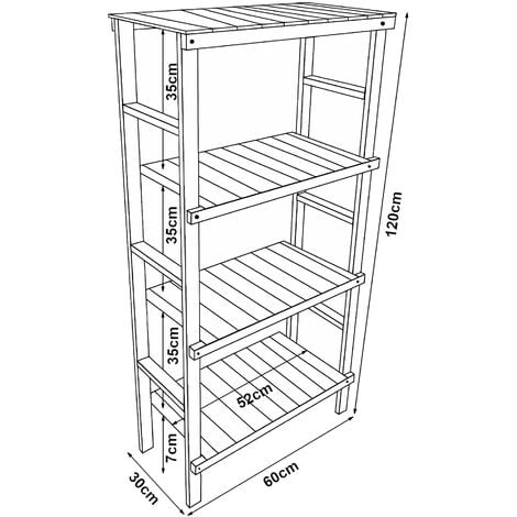 Scaffale da Bagno Kinnula con 4 Ripiani a Doghe Legno di Pino Tinto 120 x 60