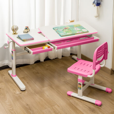 Scrivania Bambini Regolabile COSTWAY - Piano Ribaltabile Con Libreria E Cassetti - Rosa - Per 3-12 Anni - Foto 11