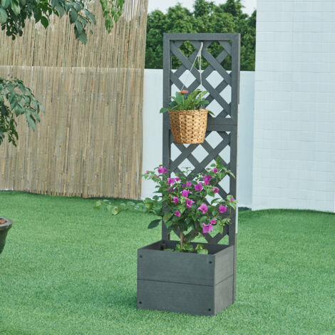 Fioriera Con Spalliera Grigliata 195 Cm - Vaso 100x43 Cm, Bianco Effetto Legno, Per Esterni E Privacy