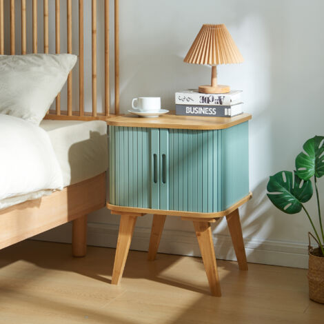Comodino Tysvær in Bambù con 2 Ante Scorrevoli - Naturale / Azzurro [en.casa]