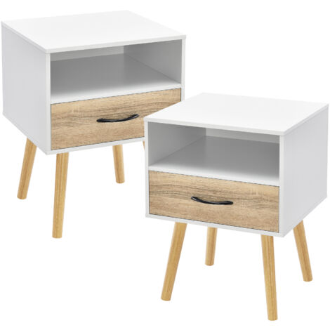 En.casa Set Di 2 Comodini Con Cassetto, Tavolini Da Notte In Bianco E Rovere, Gambe In Legno, Dimensioni 60x40x29,5 Cm