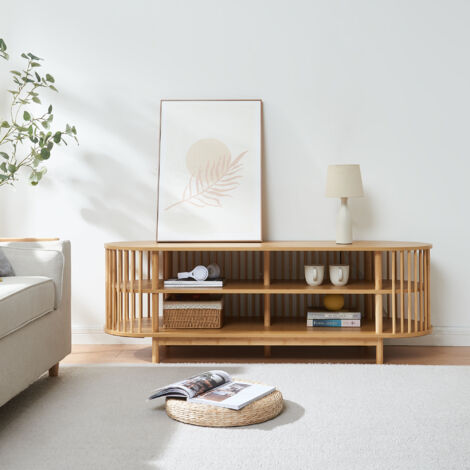 Mobile porta TV in legno bianco con scomparti e ante, gambe in legno