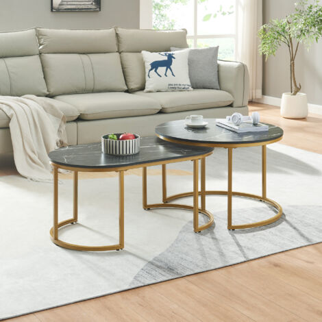 Set Oppeerg di 2 Tavolini Sovrapponibili da Salotto Rotondo e Ellittico - Effetto Marmo Nero/Dorato [en.casa]