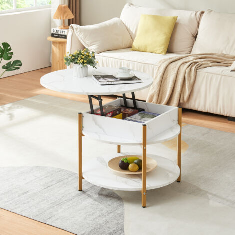 Tavolino Da Caffè Rotondo FABATO Con Piano Sollevabile, 2 Ripiani, Vano Nascosto, Stile Fattoria, Bianco, Diametro 90 Cm, Portata 40,8 Kg - 4