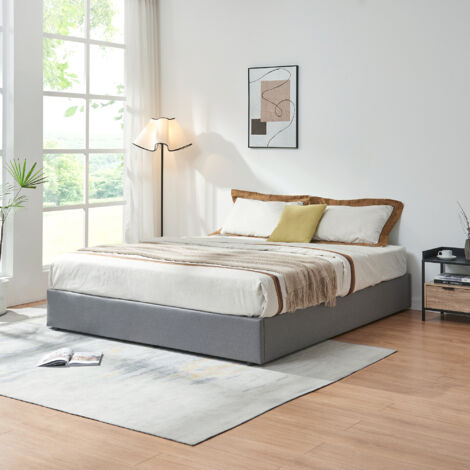 Letto Matrimoniale Contenitore Nola 160x200 cm Apertura a Ribalta Rivestito in Tessuto Lino - Grigio [en.casa] (1/5)