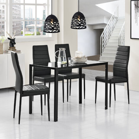 set di tavolo da pranzo moderno nero e sedie da 2/4/6 per cucina e ristorante Boju con tavolo rettangolare in vetro temperato nero con schienale alto e sedie in similpelle nera 1 Table & 2 Chairs 