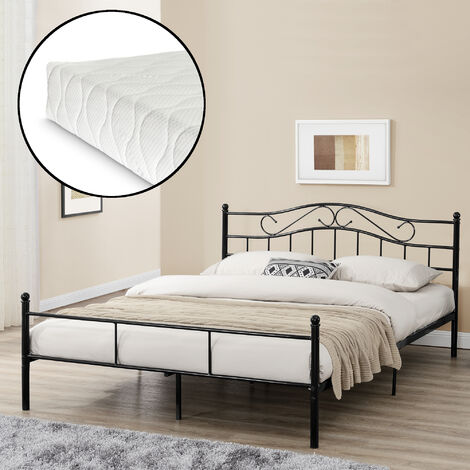 Letto Francese Florenz in Acciaio con Testiera Decorativa e Materasso 140 x 200 cm Nero [en.casa] (1/5)