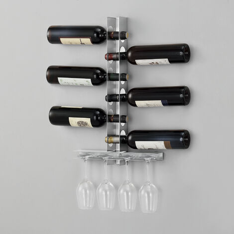 Portabottiglie Pensile da Vino 55 x 35 x 7 cm Supporto in Acciaio per 6 Bottiglie Cantinetta da Parete in Metallo Scaffale per Bottiglie da Vino e Portabicchieri