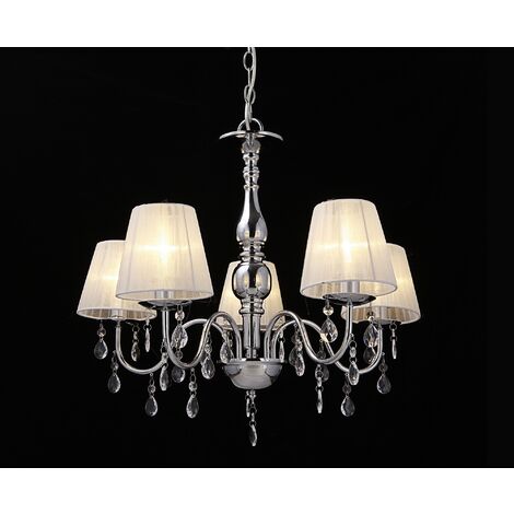 Lampada a Sospensione a 5 Bracci con Paralumi Conici e Cristalli Artificiali - Cromo / Bianco lux.pro