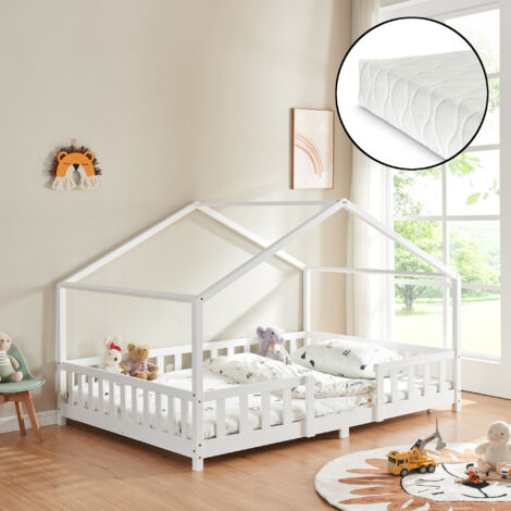 Letto per Cameretta Treviolo a Forma di Casetta in Stile Montessori con Materasso 140x200 cm - Bianco [en.casa] (1/5)