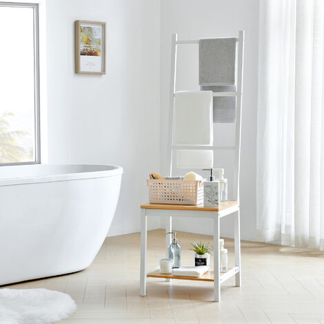 Servomuto 'Juuka' con Seduta - Portasciugamano con Ripiani - Bambù - Bianco/Effetto Legno [en.casa]
