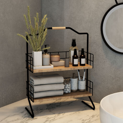 Scaffale Autoportante 'Sallingsund' Organizzatore Decorativa in Metallo con 2 Ripiani in MDF Portaoggetti per Bagno Cucina - Nero / Effetto Legno [en.casa] (1/5)