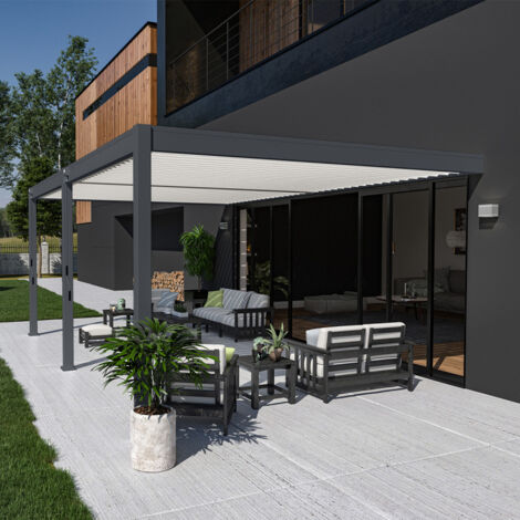 Ombrea – Pergola bioclimatique adossée 4x6M – Aluminium gris anthracite – Lames orientables jusqu'à 135° – 2 stores en textilène gris clair (1/5)