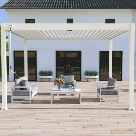 Ombrea – Pergola bioclimatique autoportante 3x4M – Aluminium blanc RAL 9016 – Lames orientables 135° – Résistance vent 100 km/h