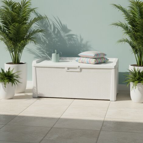 Coffre de jardin en polypropylène recyclé blanc et beige 148x72x64 cm – Capacité 550 L – Résistant aux intempéries et UV – Toomax